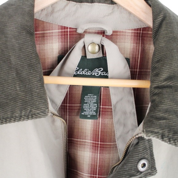 Eddie Bauer Chore Barn Coat Corduroy Collar Tan Nylon Plaid Lined Mens Medium - Picture 5 of 6